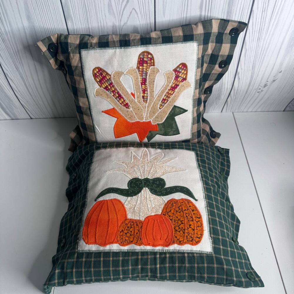 Vintage Autumn Pumpkin & Corn Country Pillow Applique  12X12 Lot of 2 Button